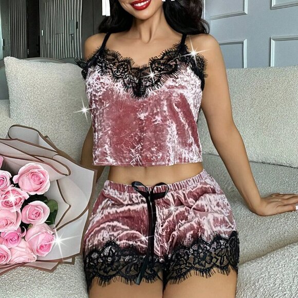 Other - Dusty Pink Sexy Women's Elegant Lace & Velvet Sleepwear Set With V-Neck Camisole